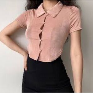 Women's Orange Button-Up casual tie dye cute crop short sleeves Top